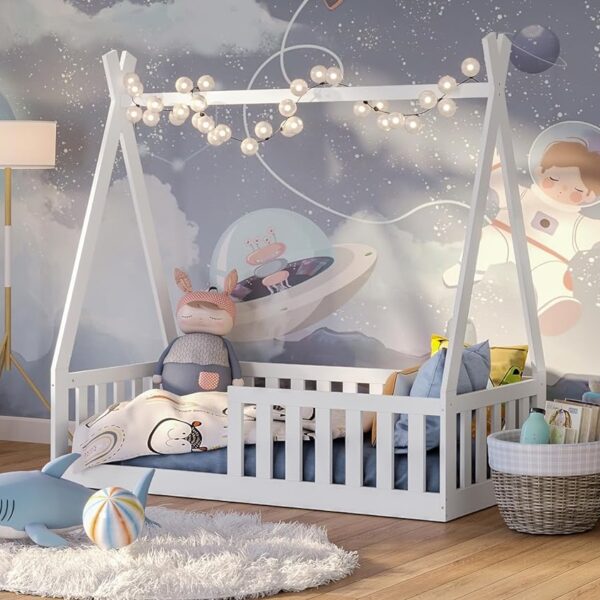 Montessori husseng tipi hvit lav seng i tre, fri frakt, natur eller hvit (70cm x 140cm) hus barneseng heltre - Bilde 6