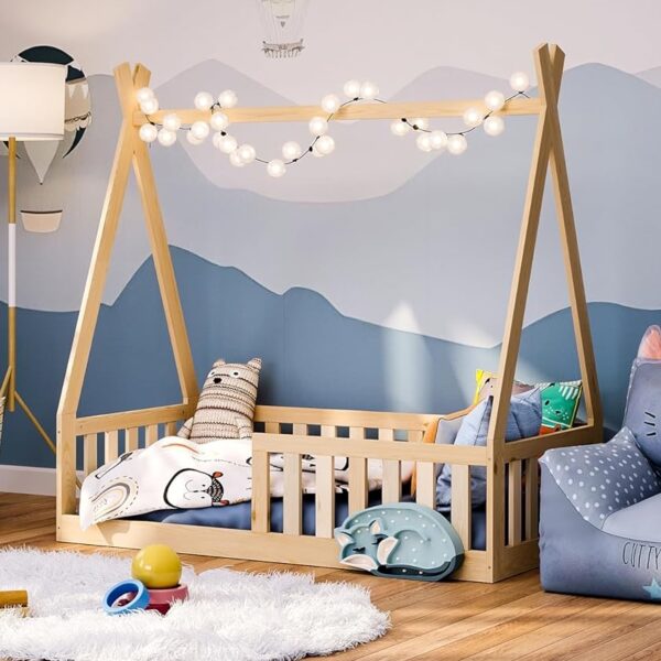 Montessori husseng tipi hvit lav seng i tre, fri frakt, natur eller hvit (70cm x 140cm) hus barneseng heltre - Bilde 5