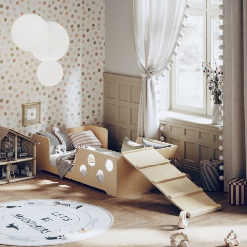 Montessori lav seng i tre + sklie med klatreside, barneseng, (70cm x 140cm) juniorseng. Fri frakt